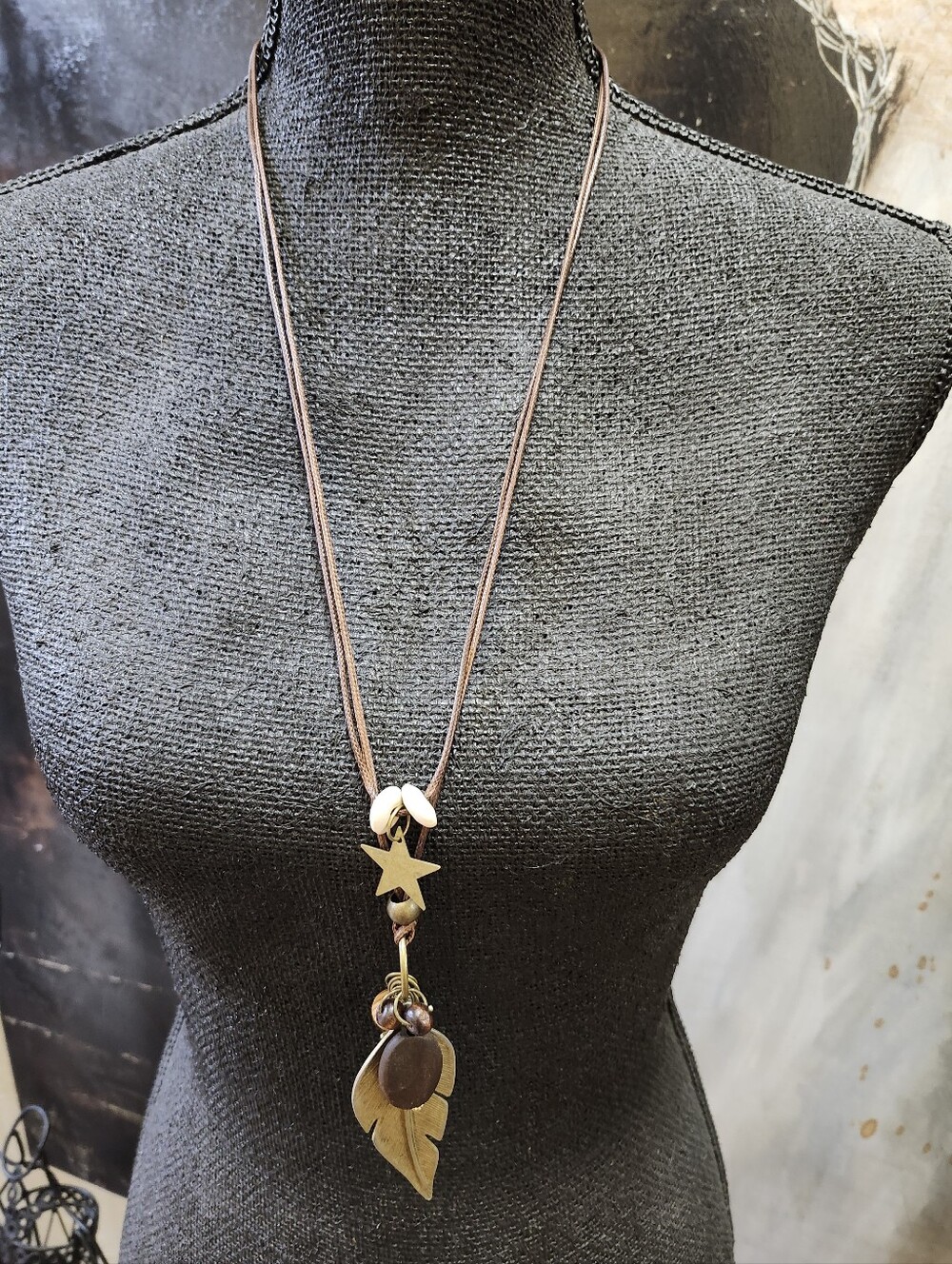 Boho Brown Leather Pendant Necklace with Leaf & Star Charms